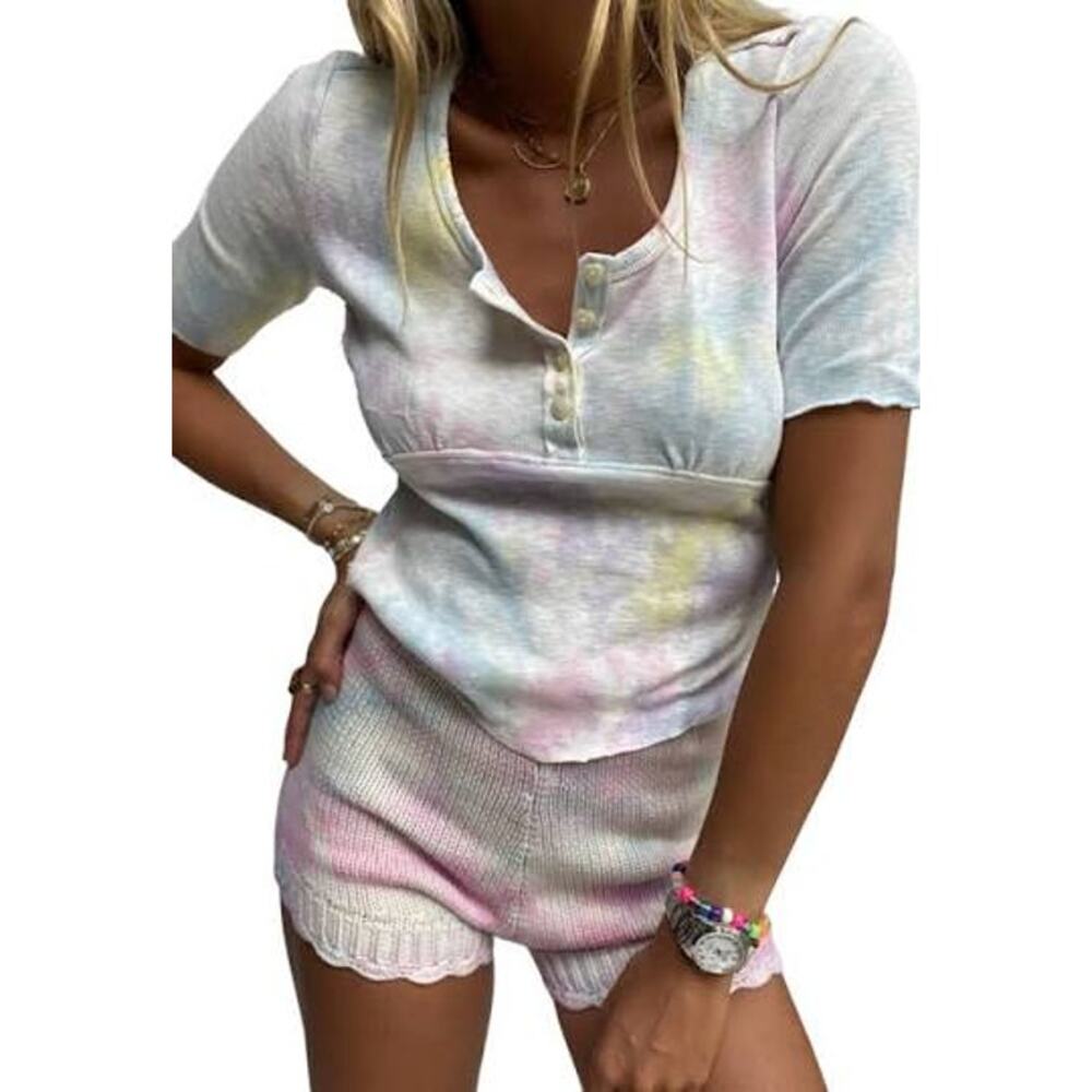 Love shack fancy aeris babydoll top womens small tiedye henley coquette pastel